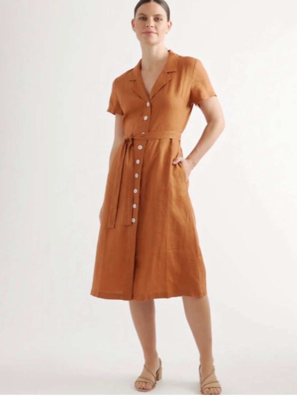 Quince Linen Rust Button-Front Short Sleeve Shirt Dress